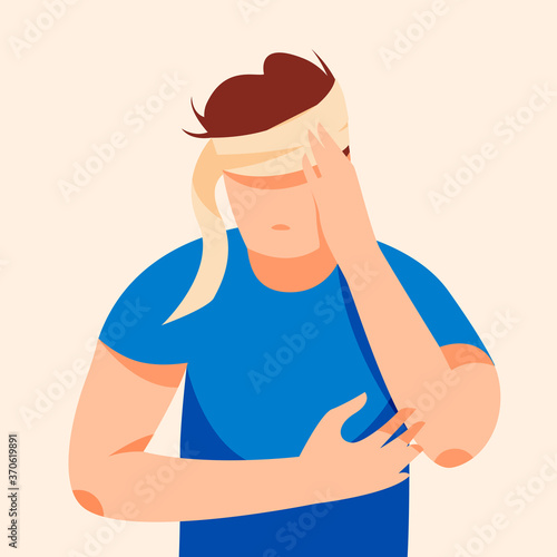 Bandaged man holding his sore head vector illustration. Rehabilitation after a stroke design element. Head trauma, migraine, skull fracture in flat cartoon style.