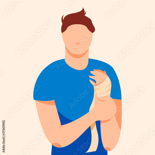 Bandaged man holding a sore hand vector illustration. Hand fracture, cut, scratch, sprain, joint dislocation. Self-help in the case of sports injuries in flat cartoon style.