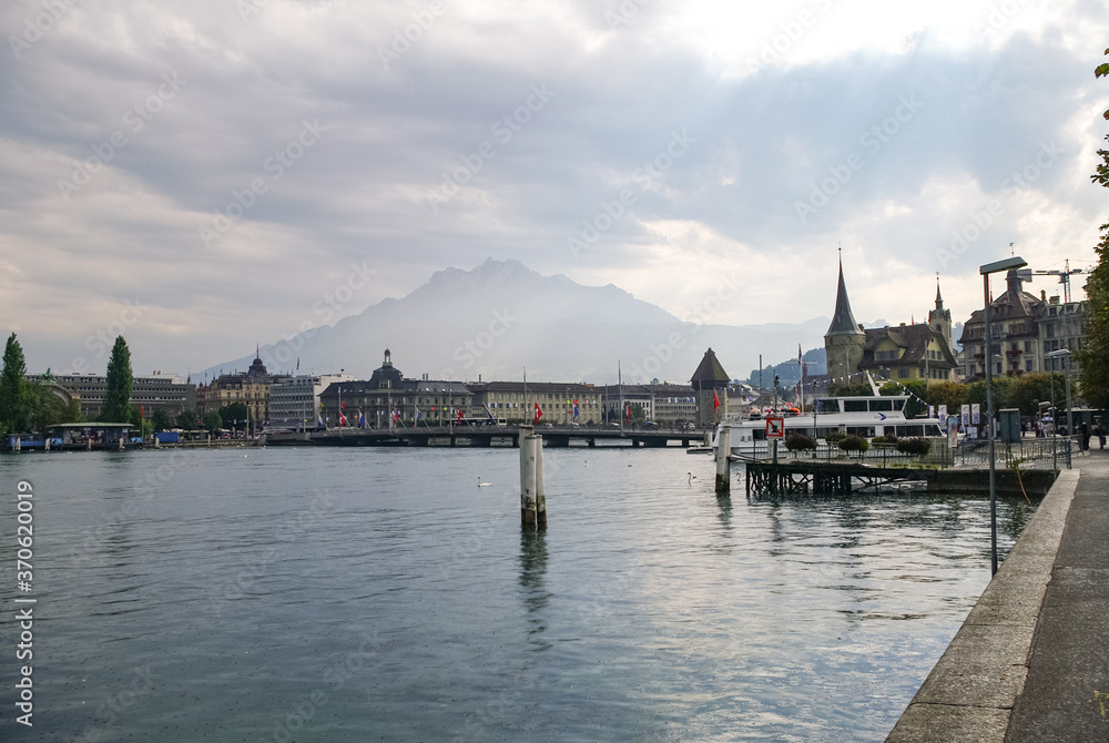 Luzern medieval town panorama from Lucerne Harbour. Switzerland