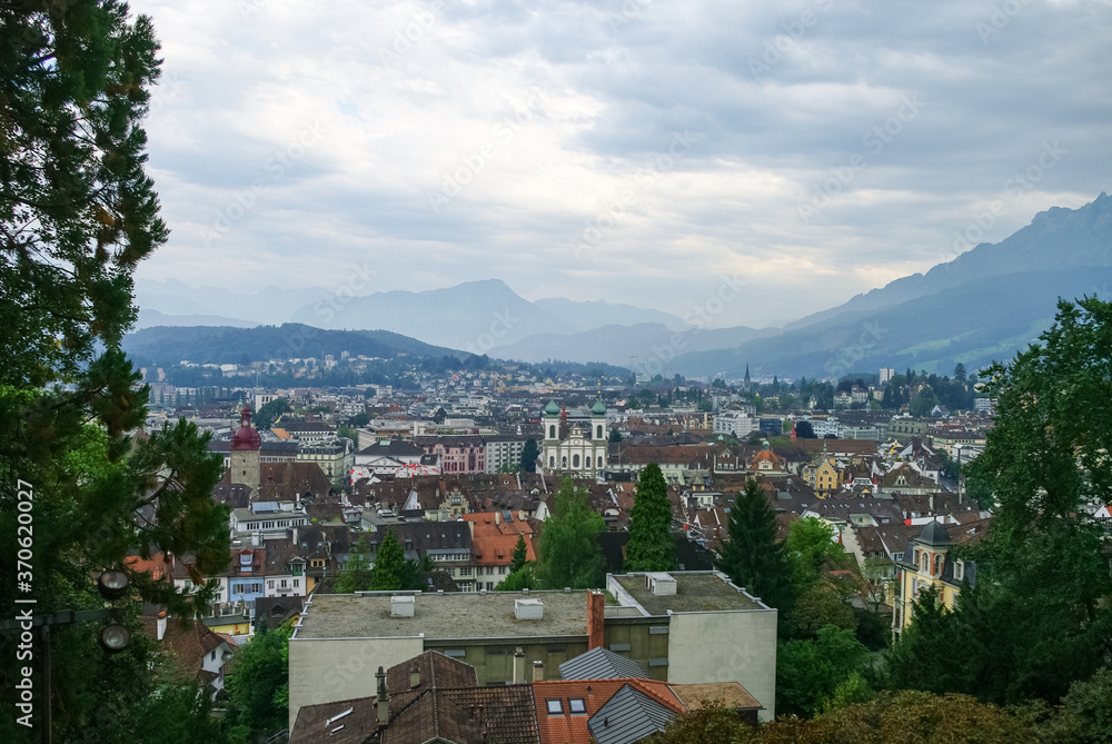 Lucerne medieval town panorama from defence wall. Switzerland