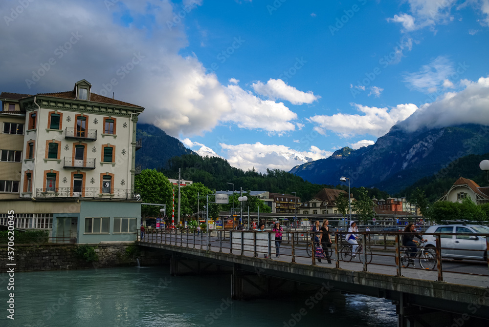 Old European buildings located in downtown Interlaken, a famous resort town destination in Switzerland