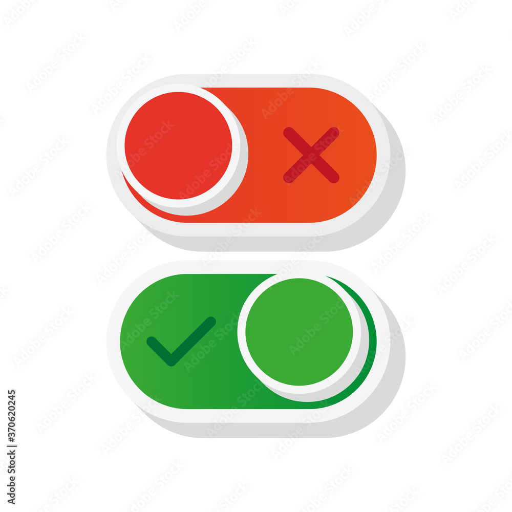Switch button. Red green white. Mobile interface icon. Symbol set. Power switch icon. Vector illustration. Switch button. Red green white. Mobile interface icon. Symbol set. Power switch icon. Vector illustration.