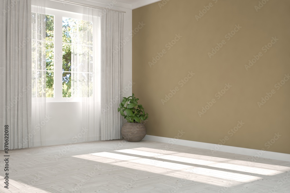 Fototapeta premium Brown minimalist empty room. Scandinavian interior design. 3D illustration