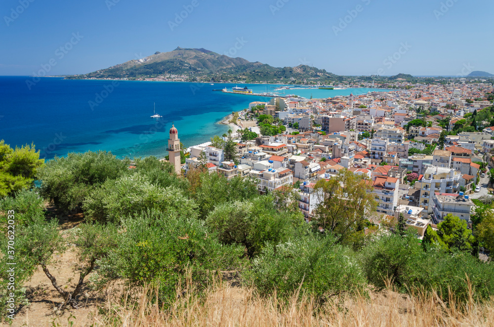 Obraz premium Picturesque panoramic landscape of Zakynthos town. Zakynthos island on Ionian Sea is situated on the west of Greece.