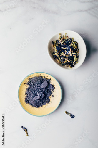 Dry powder for Blue matcha tea and butterfly pea flowers as healthy drink concept