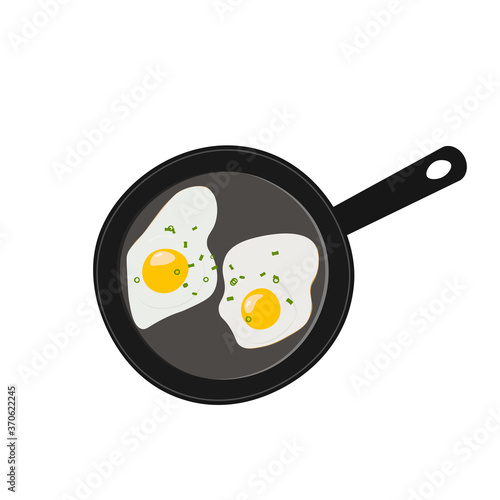 Fried eggs seasoned with green onions in pan, vector illustration.