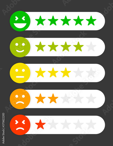 Linear icon. Customer review rating. Happy emoticon. Quality line. Flat design. Stars rating icon set. Social media. Smile face line design. Linear set. Vector illustration.