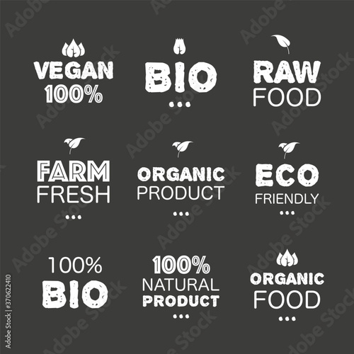 Icon with eco natural grunge stickers. Natural product. Eco friendly. Ribbon banner. Symbol, logo. Green leaves. Sticker set. Nature, ecology. Premium vector. Vector illustration icon.