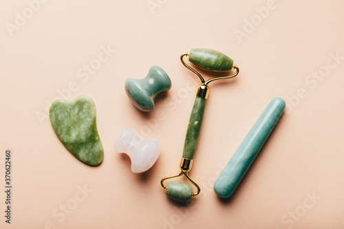 Obraz na plátně Set of Gua Sha massage tools for beauty facial massage therapy, Skin Care Anti-A