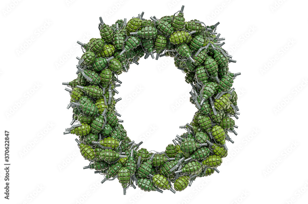 Letter O from hand grenades, 3D rendering Letter O from hand grenades, 3D rendering
