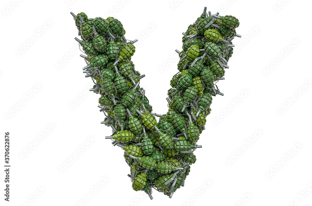 Letter V from hand grenades, 3D rendering Letter V from hand grenades, 3D rendering