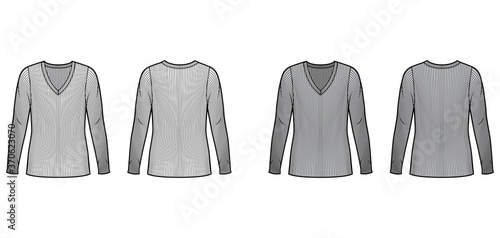 Ribbed V-neck knit sweater technical fashion illustration with long sleeves, oversized body, tunic length. Flat outwear apparel template front back white grey color. Women men unisex shirt top mockup