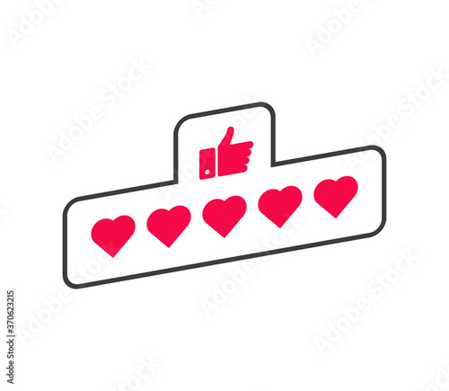 Five star heart rating, great design for any purposes. Vector clipart. Customer review rating. Heart concept. Flat style. Vector illustration.