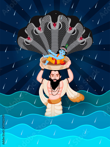 Paper cut Illustration of happy janmashtami festival of india. Vasudev and snake save lord krishna from rain.