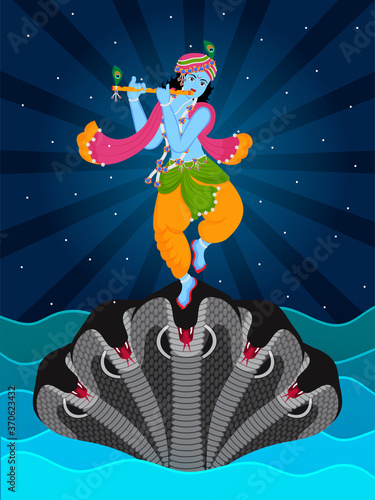 Illustration of happy janmashtami festival of india. Paper cut origami art, Lord krishna danceing and play flute in top of sheeshnaag.