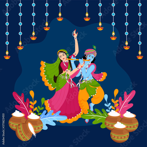 Illustration of Radha krishna dancing with each other in celebration of Happy janmashtami and holi celebration festival of india.