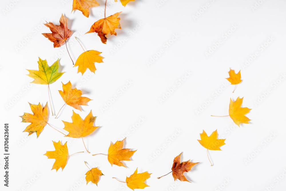 Autumn creative composition. Dried leaves on white background. Fall concept. Autumn background. Flat lay, top view, copy space Autumn creative composition. Dried leaves on white background. Fall concept. Autumn background. Flat lay, top view, copy space