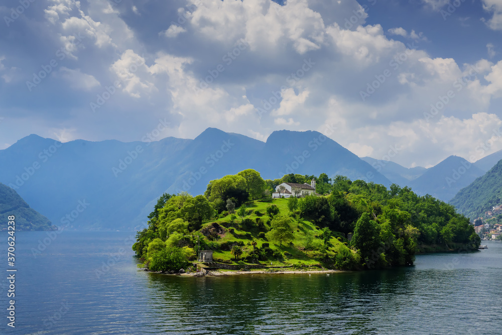 View of Lake Como, Comacina Island and the surrounding mountains