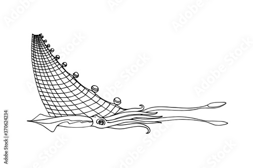 squid in a trawl, sea mollusk, delicious seafood, logo or emblem of marine fish industry, vector illustration with black ink contour lines isolated on a white background in a hand drawn style