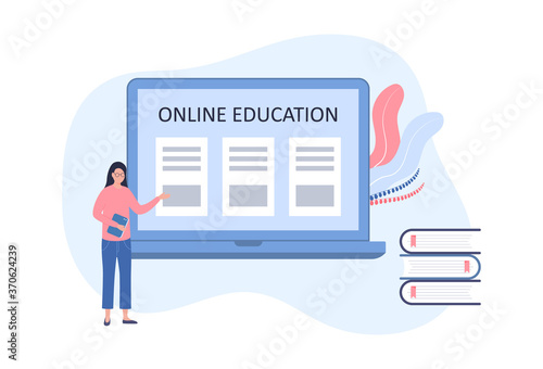 Online education concept. A woman teacher explains theory, practice. Home education, online training, webinars, electronic library. Flat vector illustration isolated on white background.