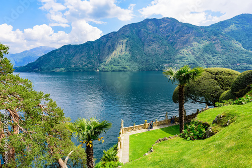 Lake Como coastline, view of the lake and surrounding mountains