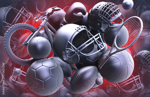 Sport balls pile rendering, mono colored background. Soccer, tennis, basketball, football,boxing, volleyball equipment set background.