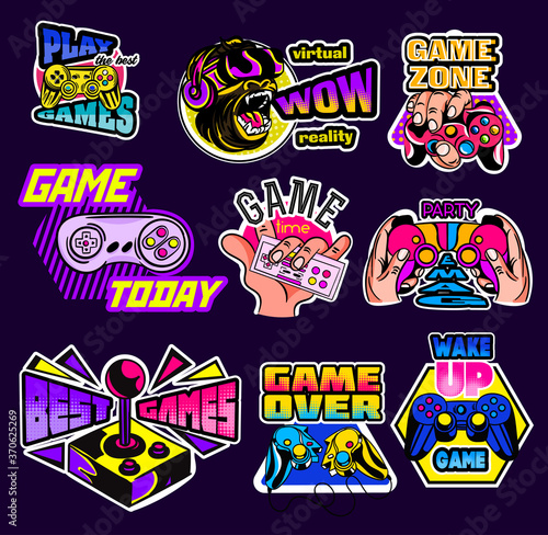 Set of nine different psychedelic game logos with bright colorful text and gaming devices isolated on blue, colored vector illustration