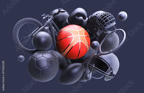 Sport balls pile rendering, mono colored background. Soccer, tennis, basketball, football,boxing, volleyball equipment set isolated on dark background.