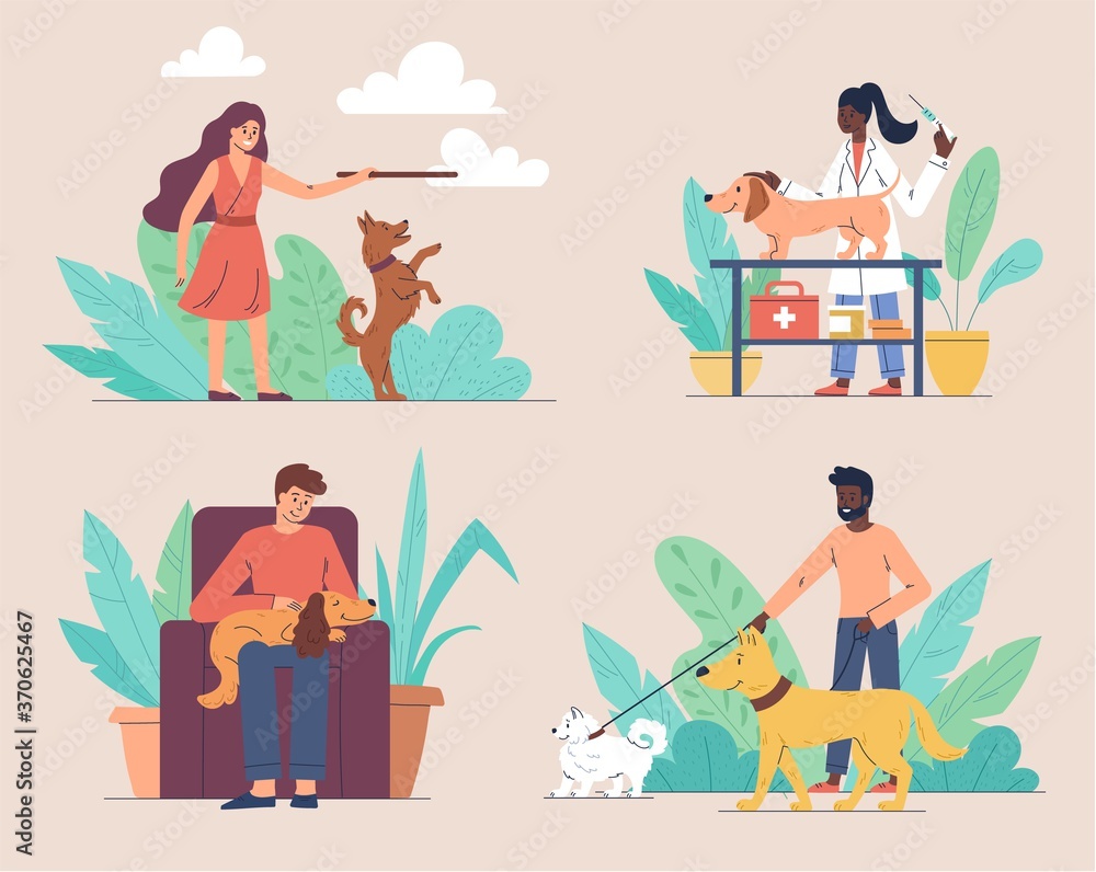 Pets concept with four scenes with dogs playing with a stick, at home, out walking and at the vet, colored vector illustration