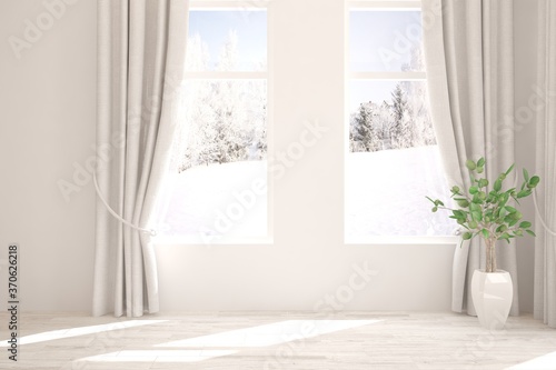 White stylish empty room with winter landscape in window. Scandinavian interior design. 3D illustration
