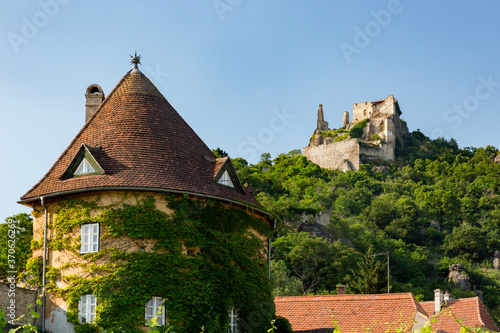 Kuenringer Castle above a vineyard in  Duernstein, Austria photo