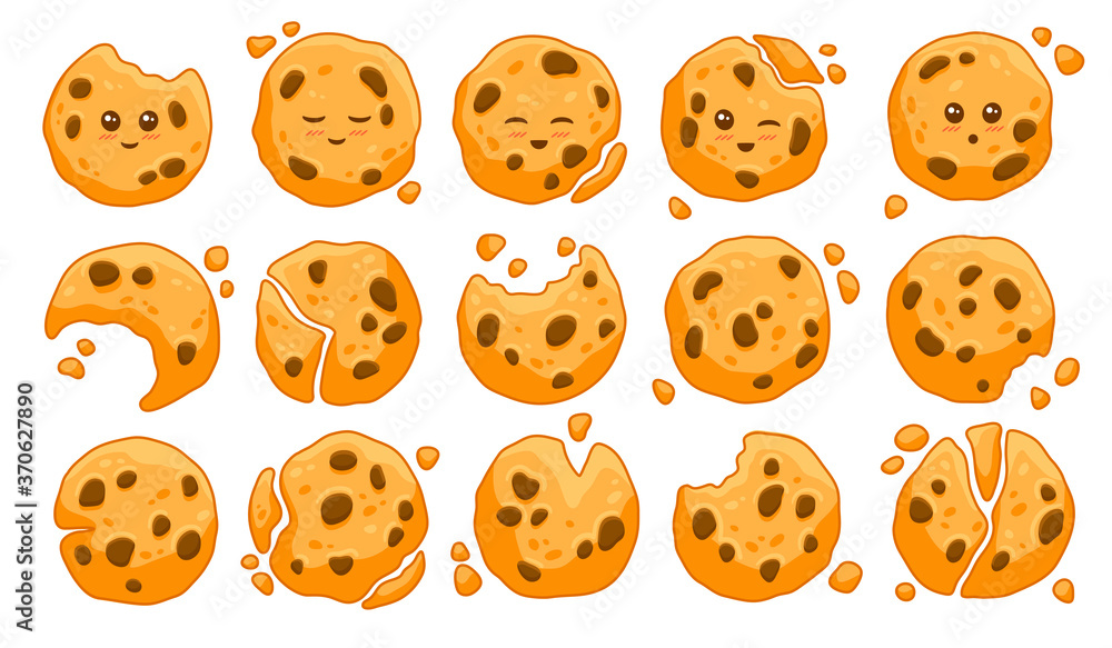 Set of 15 different freshly baked cookies with crumbs and missing bites on white for design elements, colored vector illustration Set of 15 different freshly baked cookies with crumbs and missing bites on white for design elements, colored vector illustration