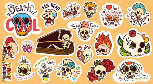 Large set of colorful skull stickers or badges and a skeleton in a coffin with assorted text, colored vector illustration. Translaton from spanish: Dia de los muertes - Day of the Dead photo