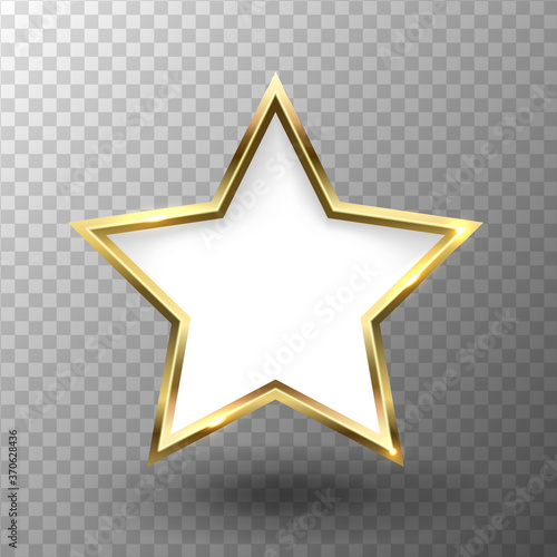 Abstract shiny golden star frame with white empty space for text, on transparent background, vector illustration.