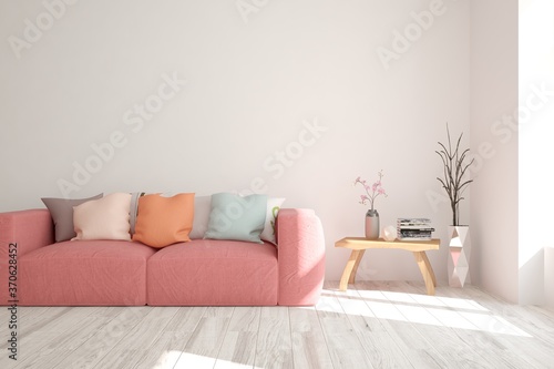 White stylish minimalist room with coral sofa. Scandinavian interior design. 3D illustration