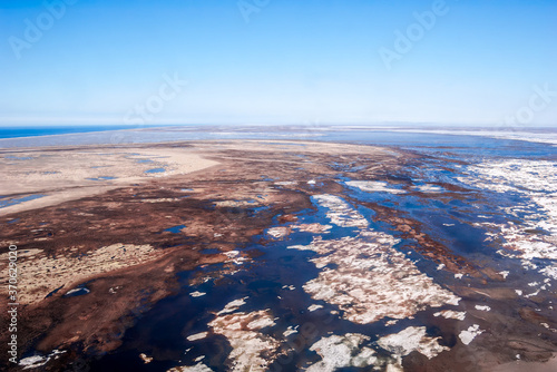 Aerial view of Timan tundra in Barents Sea coastal area, Russia