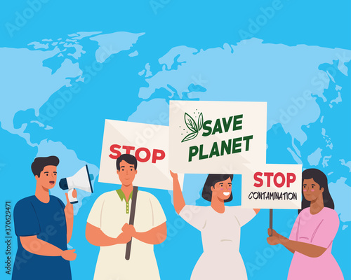 group people with protests placards, and world planet on background, human right concept vector illustration design