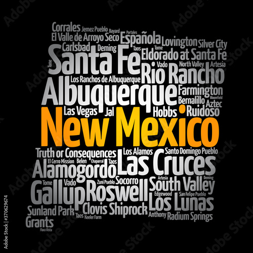 List of cities in New Mexico USA state, map silhouette word cloud, map concept background