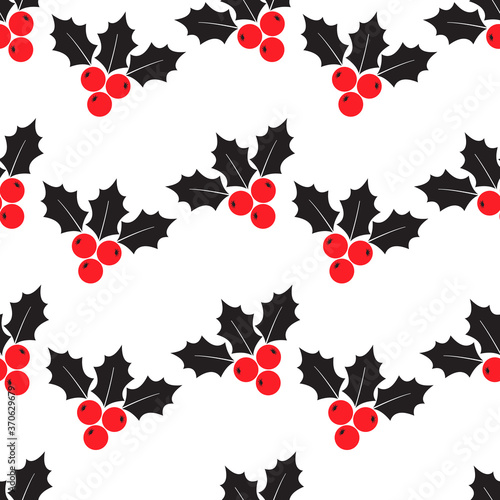 Holly berry Christmas seamless pattern, Christmas symbols isolated on white background. Red and black colors. Vector illustration