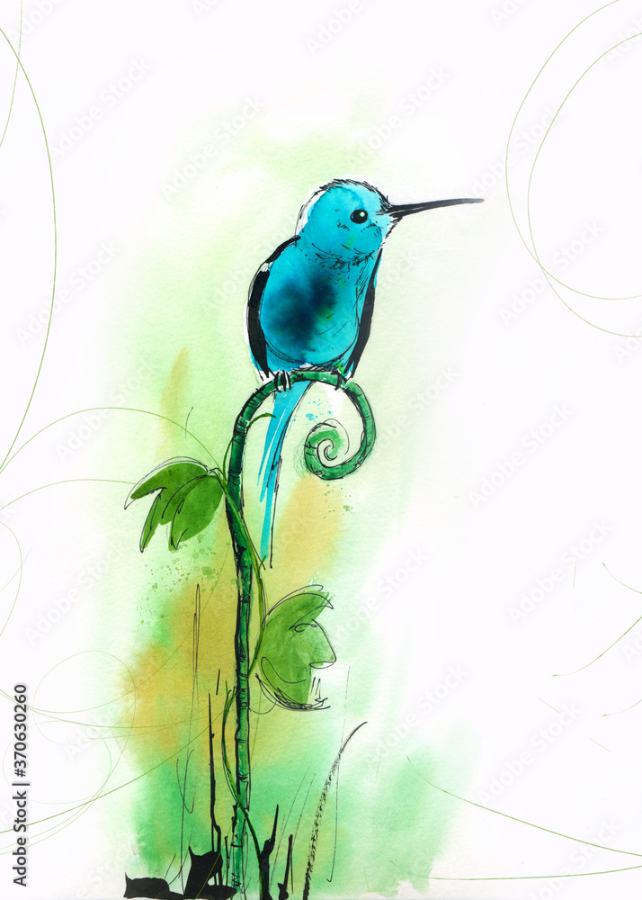 Watercolor illustration of a blue hummingbird perched on a plant tendril. Freehand painting and digital scribbles on white background. 