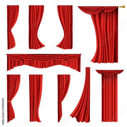 Collection of realistic red curtains. Theater fabric silk decoration for movie cinema or opera hall. Curtains and draperies interior decoration object. Isolated on white for theater stage