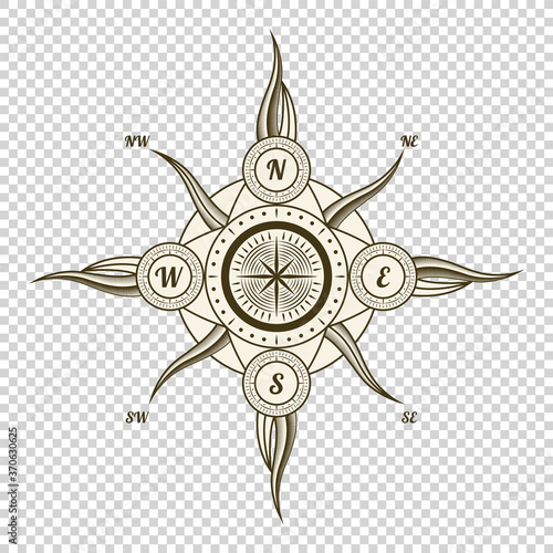 Vintage nautical compass. Old vector design element for marine theme and heraldry on transparent background. Hand drawn wind rose