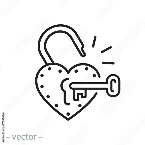 key and open heart padlock icon, love safety concept, thin line symbol on a white background, editable stroke vector illustration