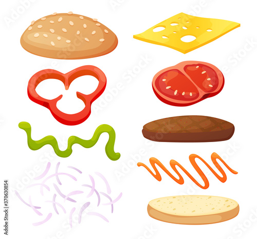Burger ingredients diy collection. Set of isolated ingredients for build your own burger and sandwich. Sliced vegetables, sauces, bun and cutlet for burger. Vector burger maker