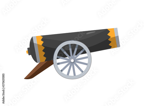 Antique pirate cannon. Vintage gun. Color image of medieval cannon for old ships on a white background. Cartoon style