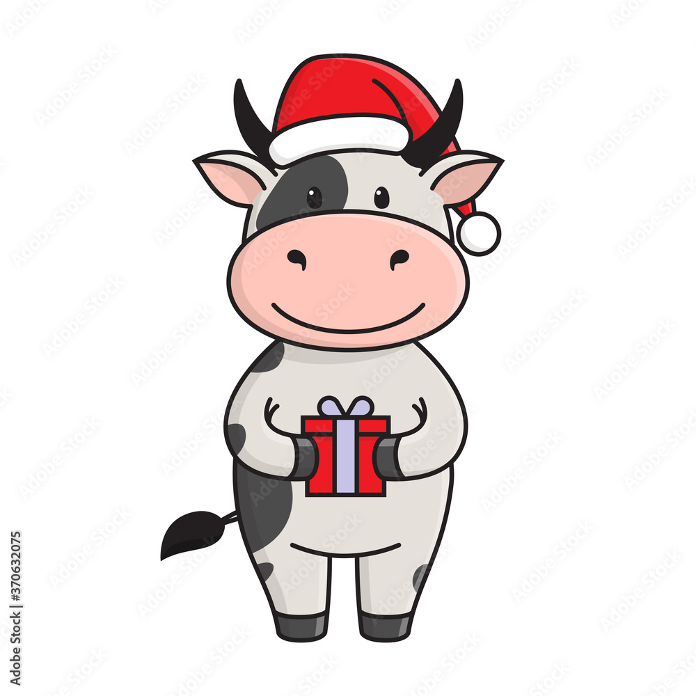 Cute bull or cow stands in red hat and holds a new year's gift. The bull is symbol of the New year 2021 according to the Eastern calendar. Vector stock flat illustration isolated on white background Cute bull or cow stands in red hat and holds a new year's gift. The bull is symbol of the New year 2021 according to the Eastern calendar. Vector stock flat illustration isolated on white background