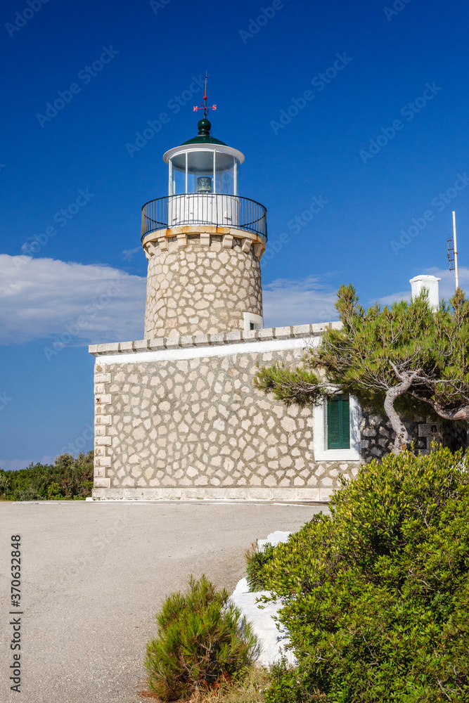 Skinari lighthouse on the north of Zakynthos island on Ionian Sea, Greece.