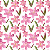 Floral seamless pattern made of flowers Acrilic painting with pink flower buds on white background. Botanical illustration for fabric and textile, packaging, wallpaper.