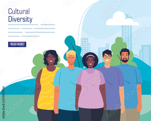 multiethnic group of people together in cityscape, cultural and diversity concept vector illustration design