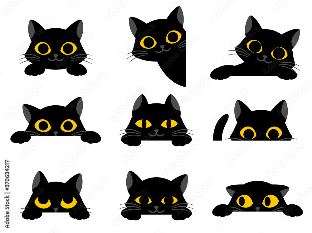 Set of cute black cartoon silhouette cats with yellow eyes showing assorted expressions and looking round corners isolated on white, colored vector illustration - obrazy, fototapety, plakaty 
